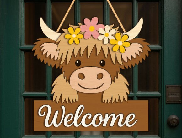 Download Highland Cow Welcome Door Sign Flower - Door sign Collection